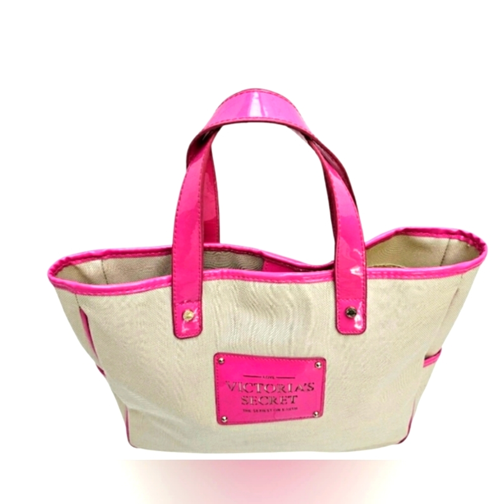 Victoria's Secret Pink Patent Leather & Cream Canvas Large Tote Bag Purse Beach - Picture 5 of 12